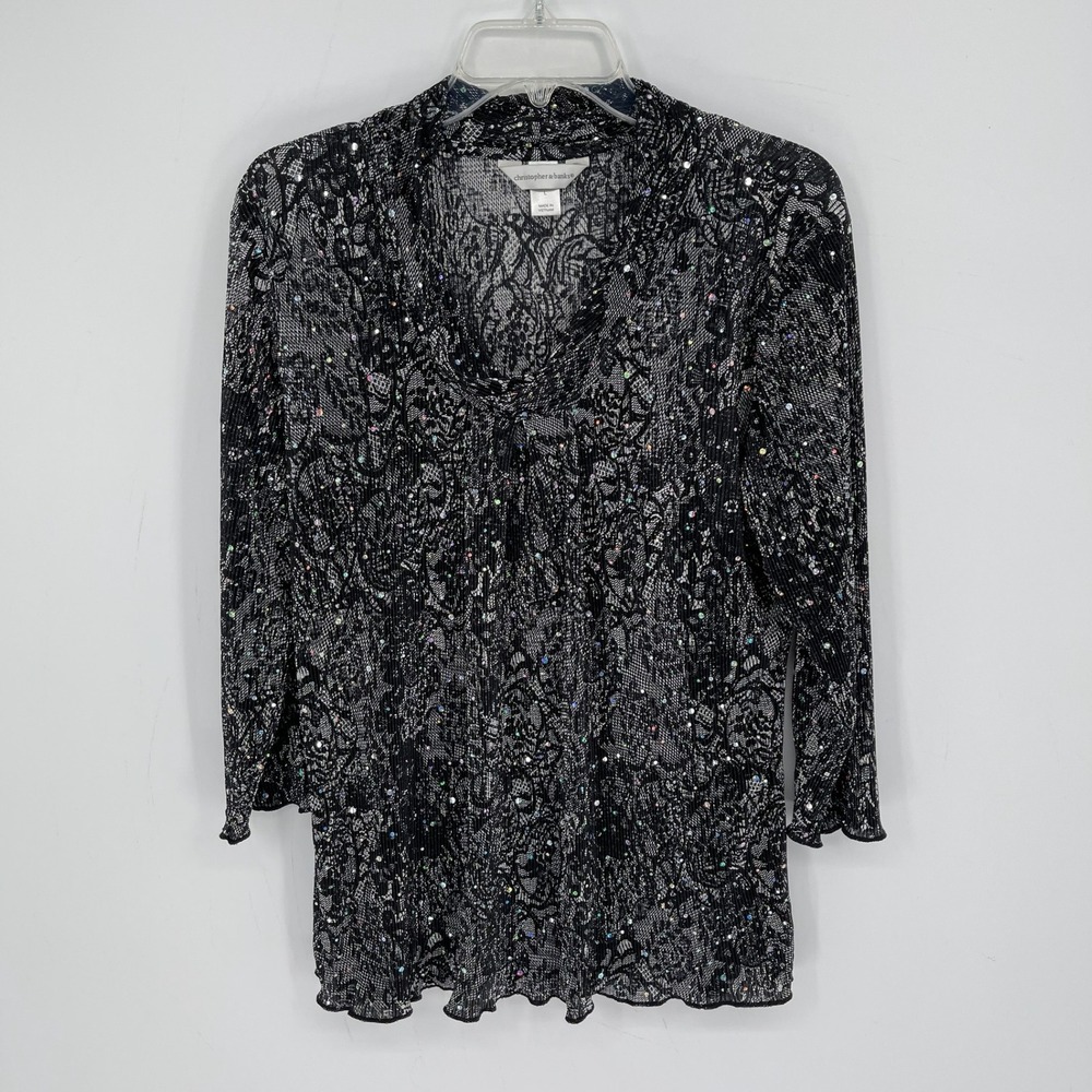 Christopher & Banks Women's Black Sequin Lace Plisse‎ Cowl Neck Top Size L